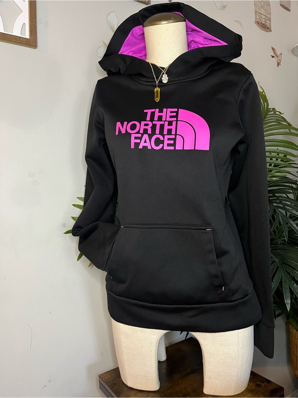 The North Face Black Pullover Hoodie with Pink Logo